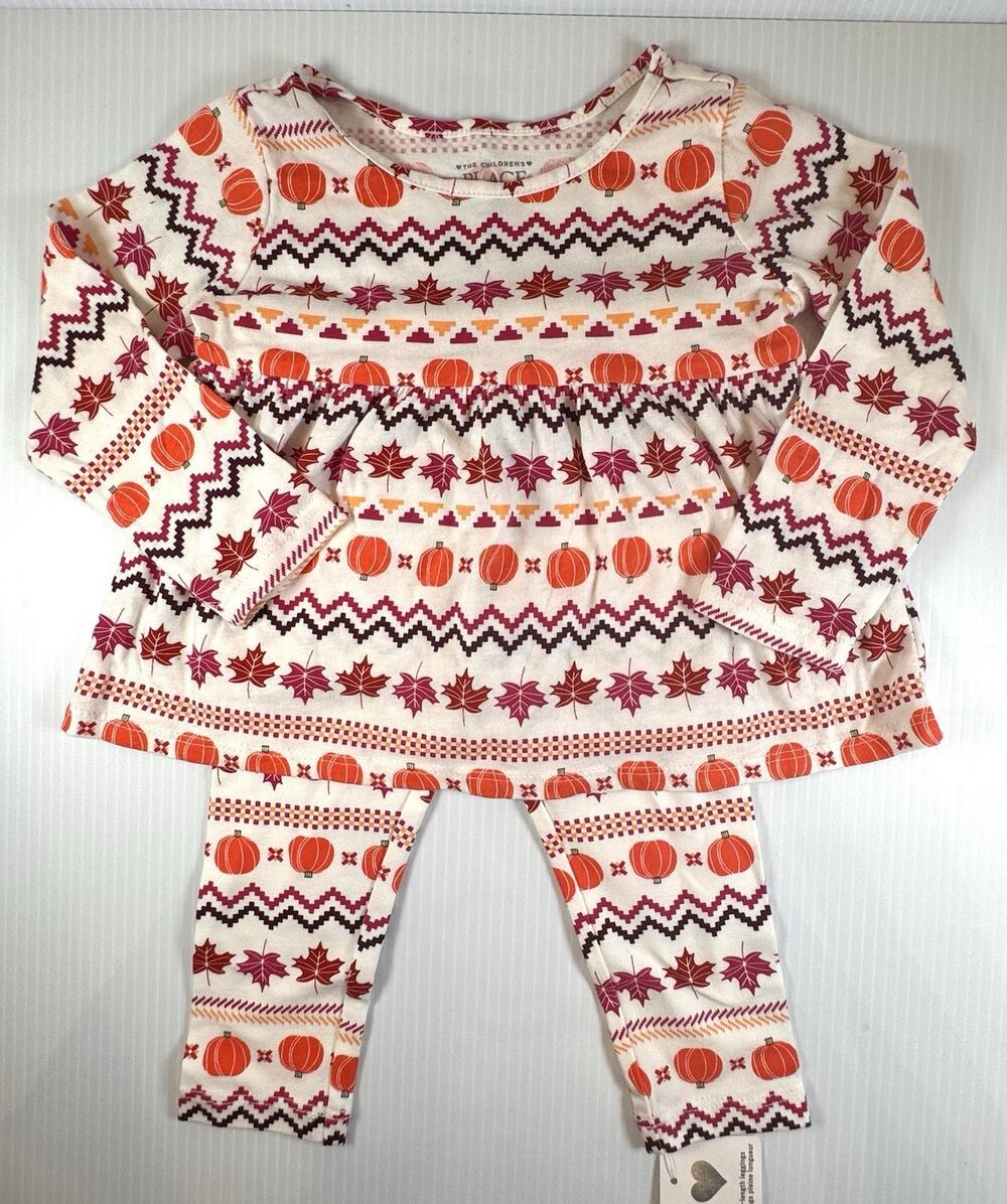 The Childrens Place Girls 12-18M Pumpkin Fair Isle Peplum Leggings Thanksgiving